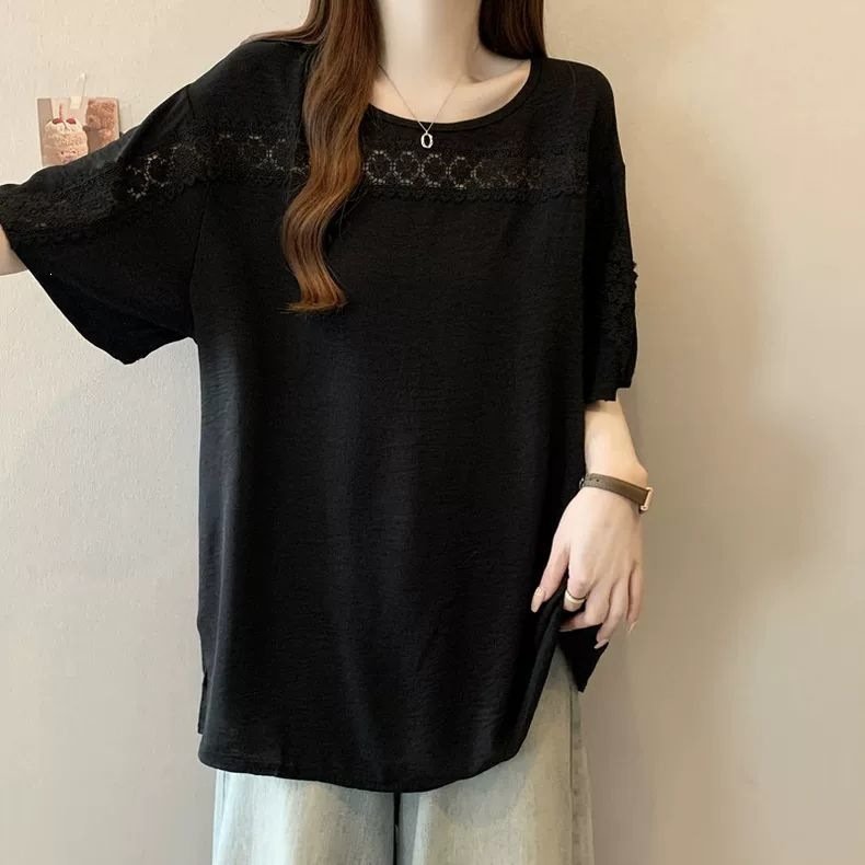 レディース シャツ トップス Tシャツ 半袖 無地 ゆったり 春夏 きれいめ 通勤 大きいサイズ おしゃれ 体型カバー 前開き 春 夏 ラウンドネック タイト レース シンプル 細身 シフォン タイ 都会的 レギュラー 着痩せ