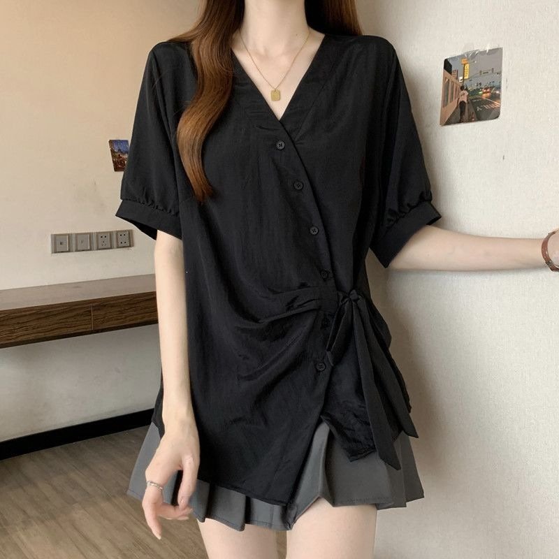 レディース シャツ トップス Tシャツ 半袖 無地 スリム 春夏 きれいめ 通勤 大きいサイズ 前開き Vネック 春 夏 シンプル リボン 個性的 レギュラー ボタン ポリエステル