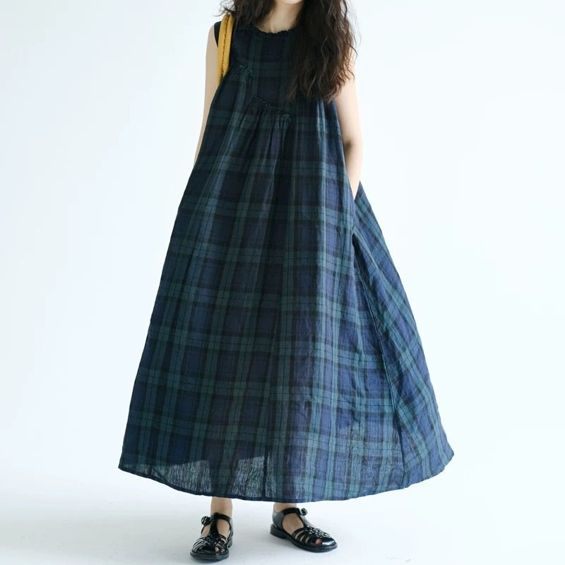 ワンピース ノースリーブ チェック柄 春夏 袖なし 春 夏 ラウンドネック 大きい コットン