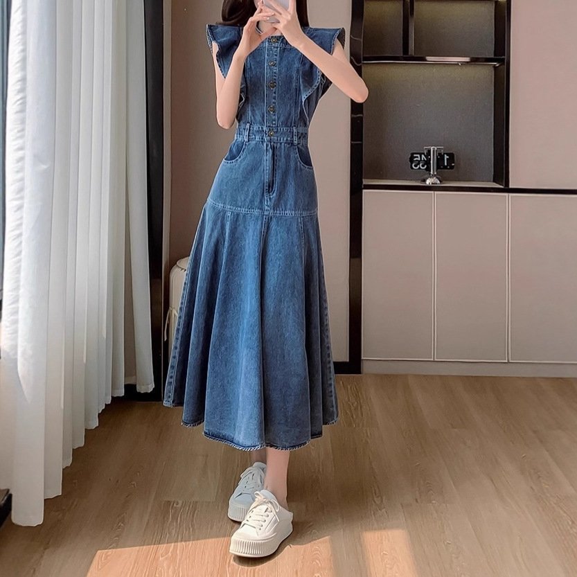 ワンピース ドレス デニム 春 秋 体型カバー 春夏 ラウンドネック 膝下 冬 ロング 上品 フレンチスリーブ ハイウエスト