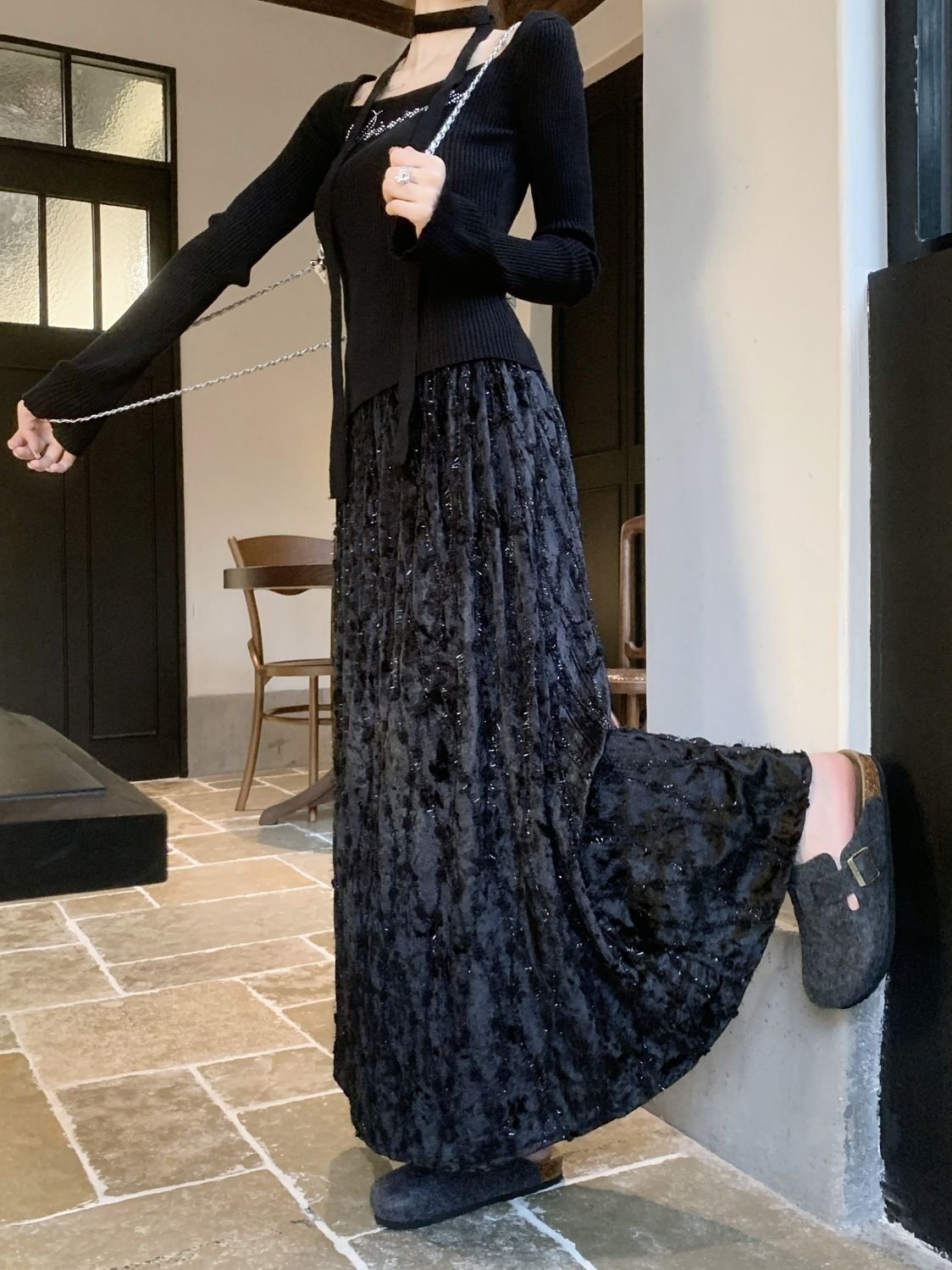 スカート 春夏 春 夏 秋 冬 ミモレ ロング ハイウエスト ベルベット ストレッチ ロングスカート 着痩せ 秋冬