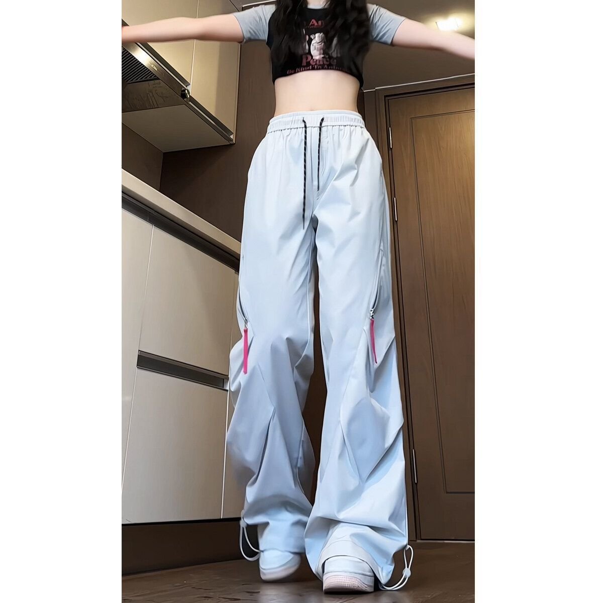 レディース パンツ 秋冬 秋 カジュアル アメリカン 冬 紫 ロング 薄手 切り替えデザイン ハイウエスト 速乾 ポリエステル