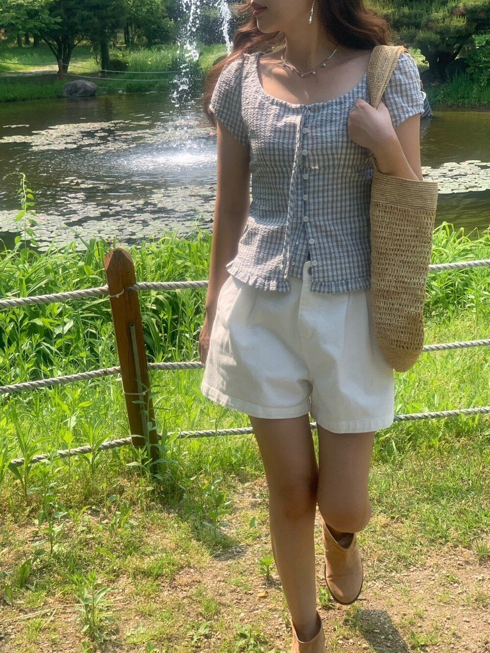 シャツ 半袖 チェック柄 春夏 前開き 春 夏 ラウンドネック フリル
