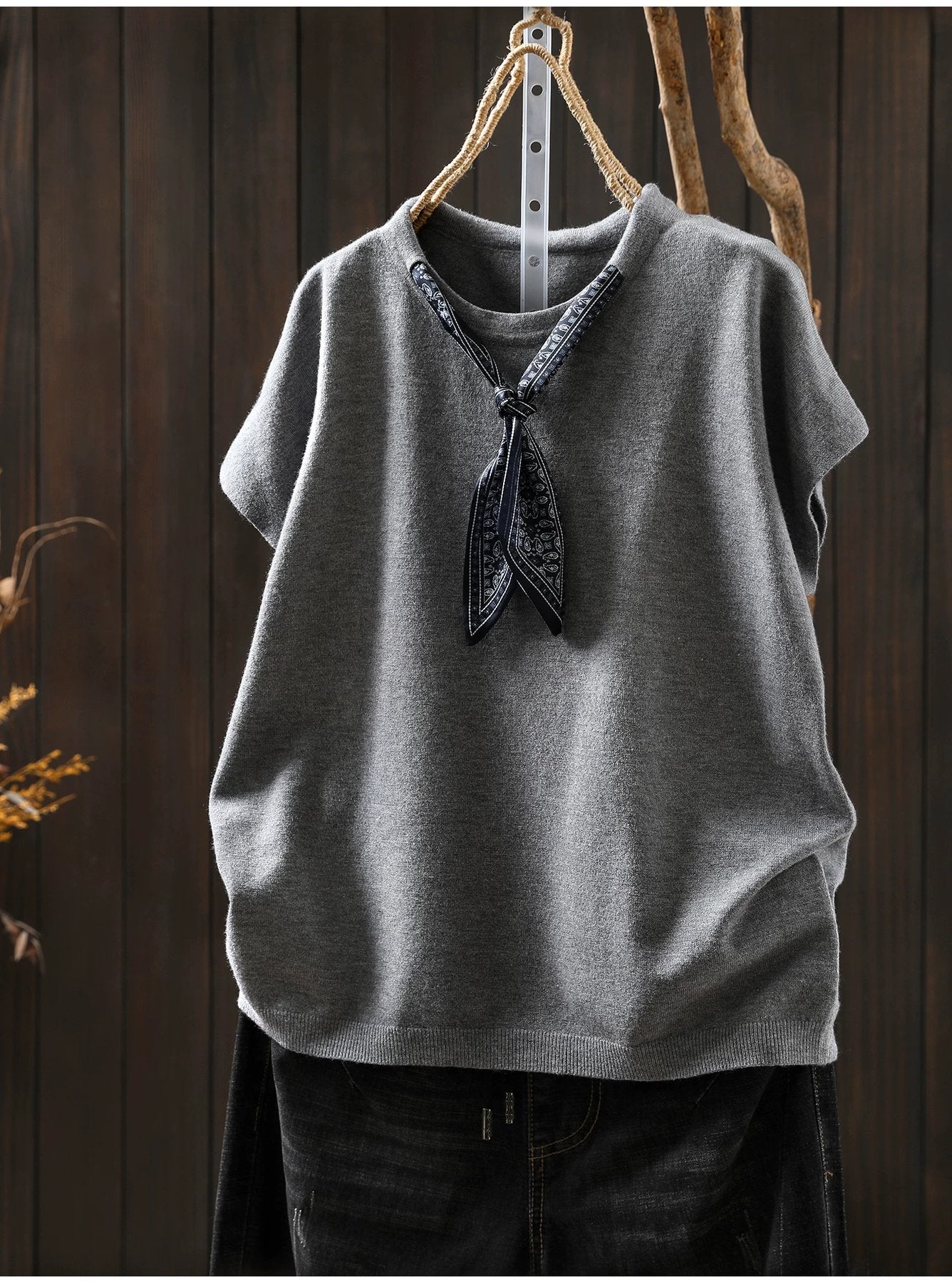 トップス Tシャツ ニット ノースリーブ ゆったり コットン 綿 秋冬 秋 体型カバー 袖なし ラウンドネック 冬 シャツ スカーフ インナー