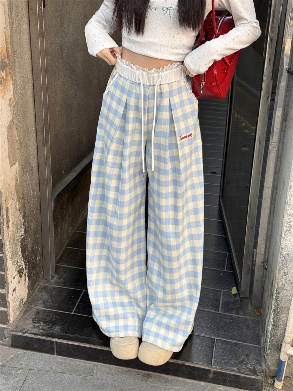レディース パンツ チェック柄 ゆったり ワイド 春夏 カジュアル 春 夏 レース ロング ストレート ロングパンツ ワイドパンツ 薄手 切り替えデザイン ブルー ハイウエスト ポリエステル