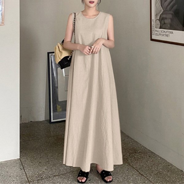 ワンピース ノースリーブ 無地 春夏 袖なし 春 夏 ラウンドネック シンプル ロング 上品 フレア 切り替えデザイン