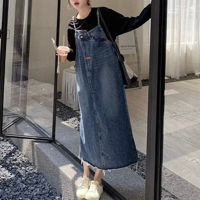 レディース ワンピース デニム ジャンパースカート デニムスカート カバーオール マキシ 袖なし ノースリーブ スクエアネック セミフレア アシンメトリー フェミニン ストリート スリット バックスリット ポケット ヴィンテージ アメカジ ダメージ ブルーデニム フリンジ かわいい 大人可愛い シンプル カジュアル おしゃれ かっこいい レトロ ベーシック オールシーズン 重ね着 レイヤード S M L XL 2XL 3XL 4XL 5XL 小さいサイズ 大きいサイズ ビッグ ゆったり ゆる ブルー 青