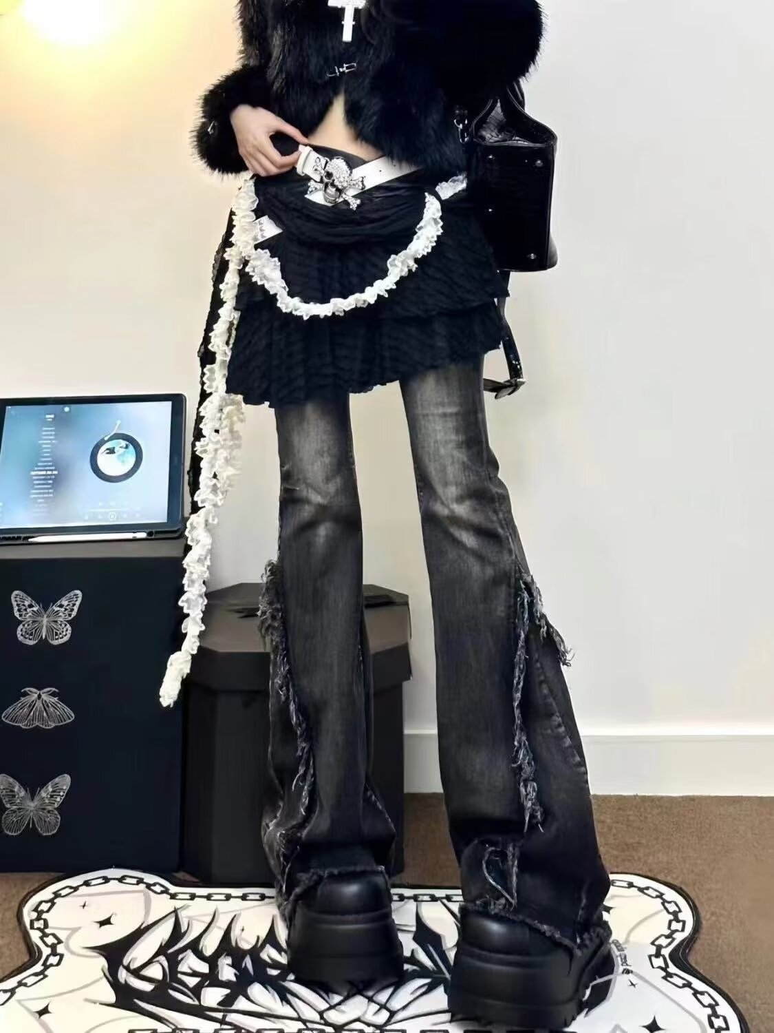 レディース パンツ コットン 綿 デニム 秋冬 秋 カジュアル レトロ フレア ショート 冬 グレー デニムパンツ フリンジ