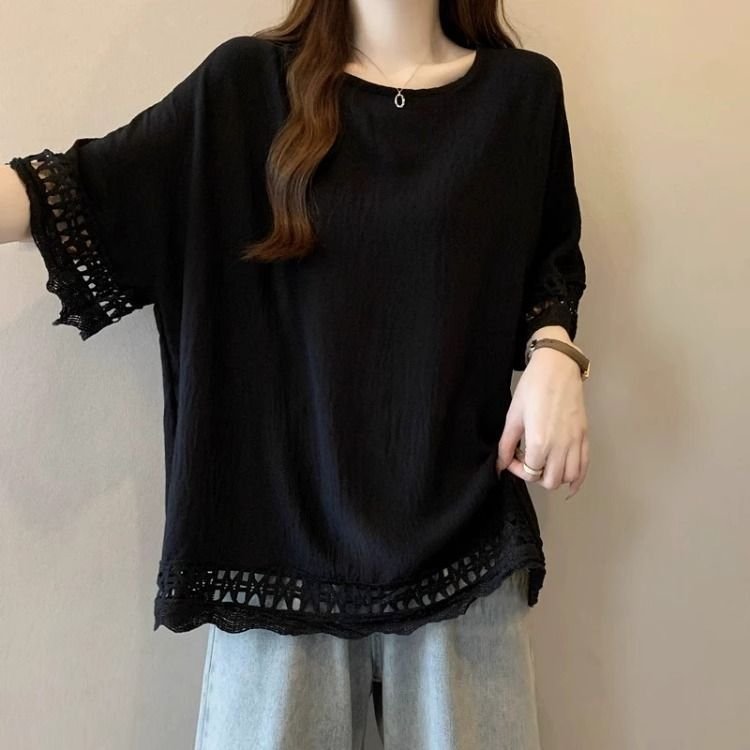 トップス 半袖 無地 ゆったり 春夏 カジュアル 大きいサイズ 春 夏 ラウンドネック レース シンプル ミモレ ポリエステル