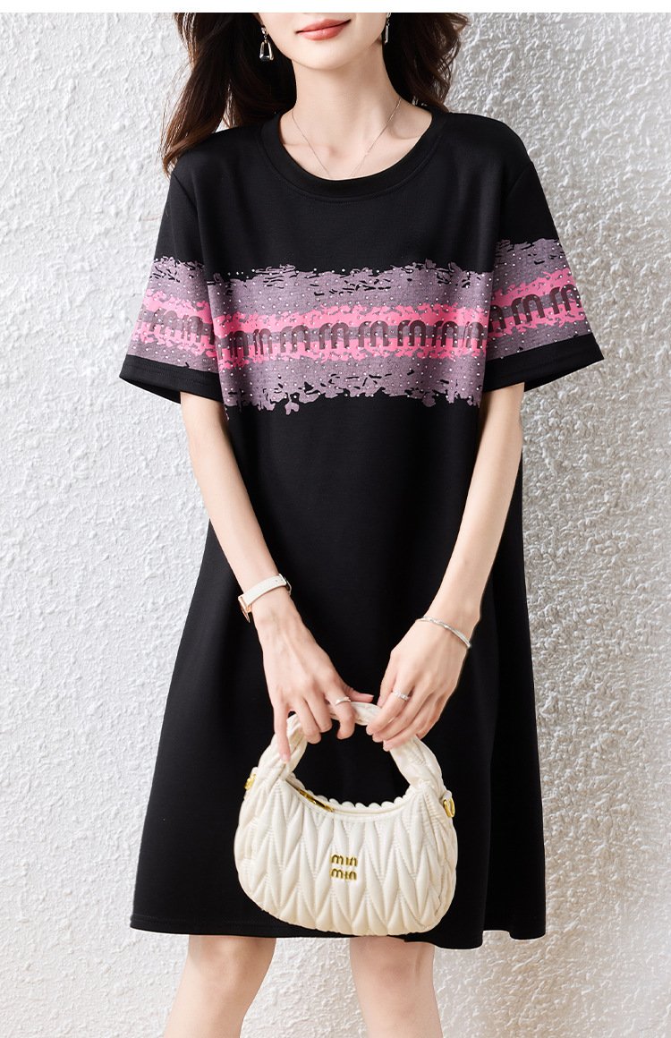 ワンピース ドレス 半袖 春夏 きれいめ レトロ 春 夏 黒 ラウンドネック ミモレ 上品 大きい
