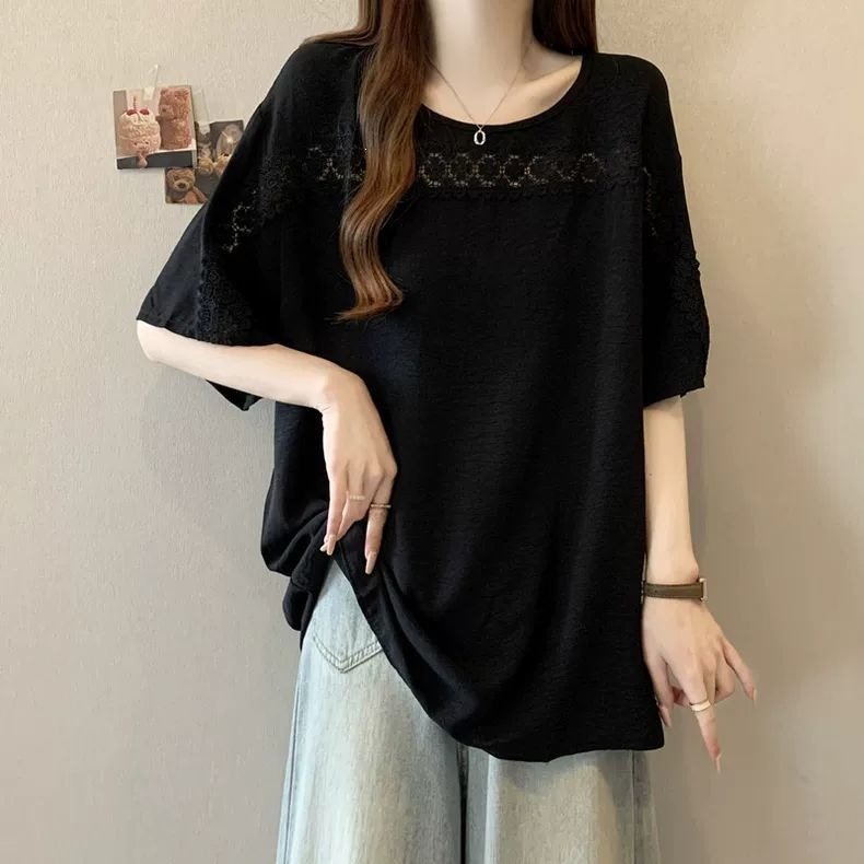 レディース シャツ トップス Tシャツ 半袖 無地 ゆったり 春夏 きれいめ 通勤 大きいサイズ おしゃれ 体型カバー 前開き 春 夏 ラウンドネック タイト レース シンプル 細身 シフォン タイ 都会的 レギュラー 着痩せ