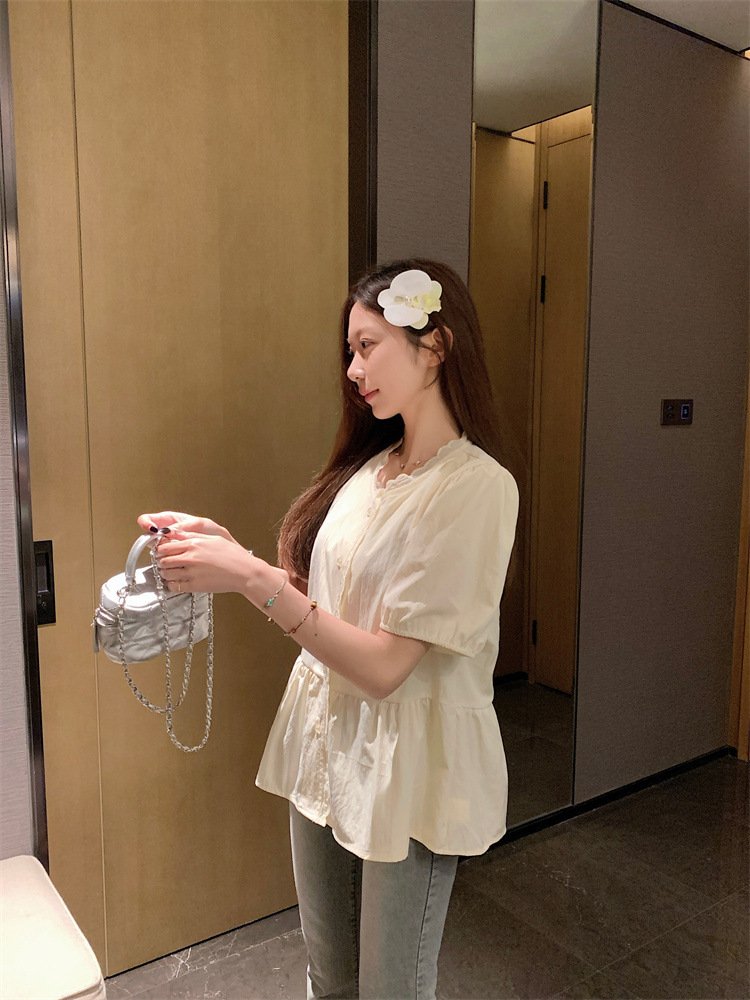 レディース シャツ 半袖 無地 春夏 レトロ 前開き 春 白 夏 ラウンドネック シンプル パフスリーブ レギュラー ポリエステル 白シャツ