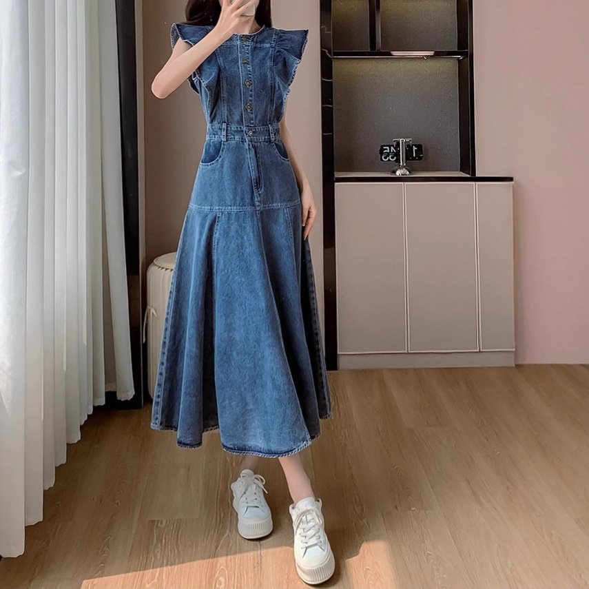 ワンピース ドレス デニム 春 秋 体型カバー 春夏 ラウンドネック 膝下 冬 ロング 上品 フレンチスリーブ ハイウエスト