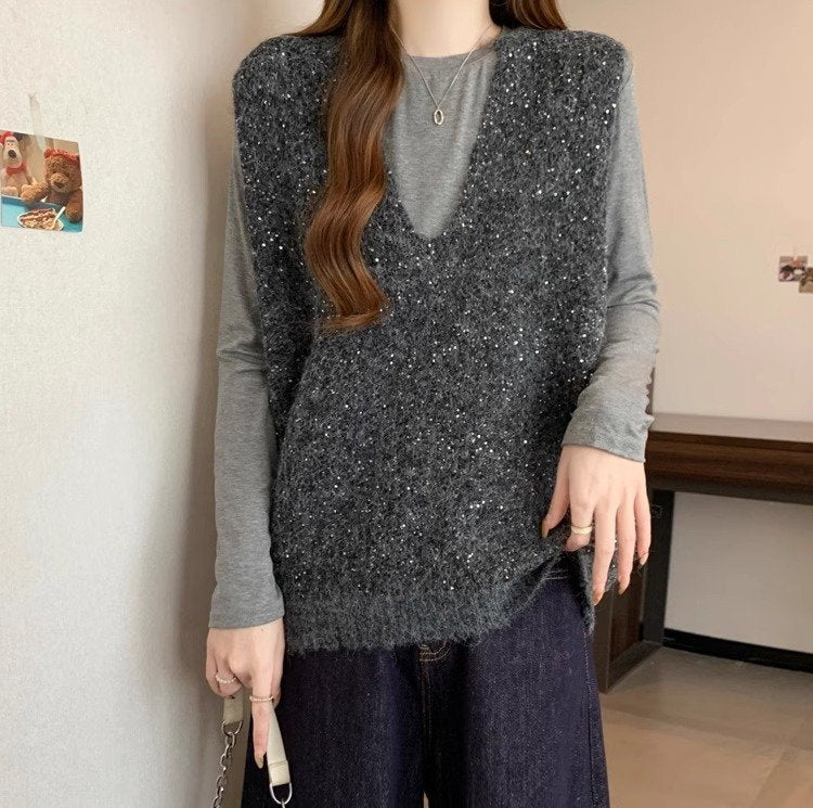 レディース ベスト ゆったり 秋冬 秋 大きいサイズ Vネック 膝丈 冬 スパンコール