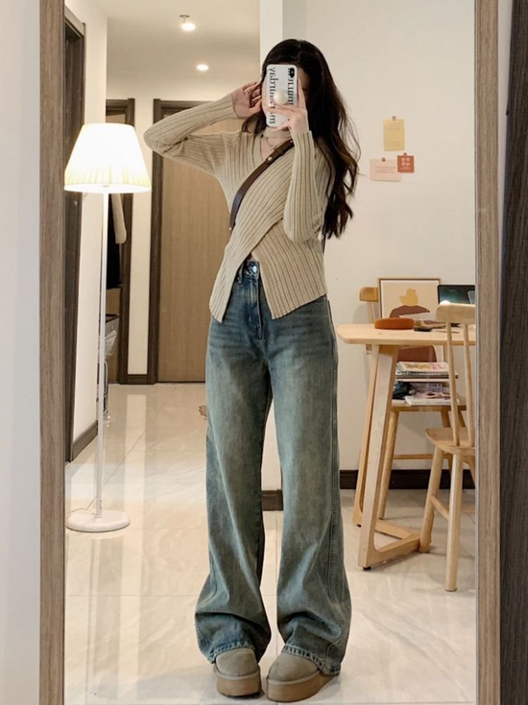 レディース パンツ ゆったり ワイド デニム 春夏 カジュアル アメリカン レトロ 大きいサイズ 春 夏 ロング ワイドパンツ 切り替えデザイン デニムパンツ ハイウエスト タイ ストレッチ ポリエステル