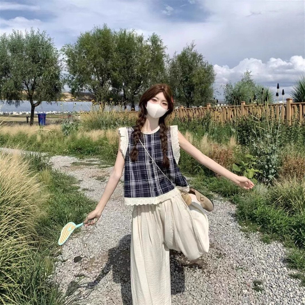 レディース ブラウス シャツ トップス ノースリーブ チェック柄 ゆったり 春夏 レトロ 前開き 袖なし 春 夏 膝丈 ラウンドネック レース 切り替えデザイン ベスト
