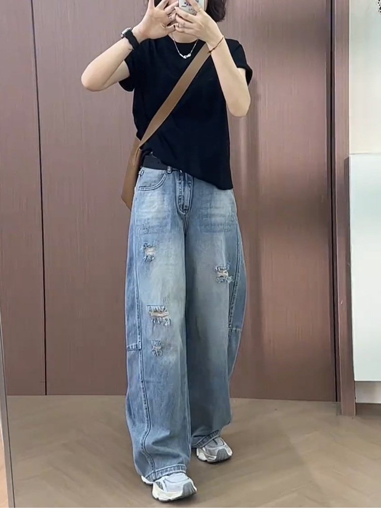 レディース パンツ ゆったり ワイド コットン 綿 デニム 夏 秋冬 カジュアル 大きいサイズ 秋 冬 スリム ロング ストレート ロングパンツ デニムパンツ ハイウエスト ダメージ