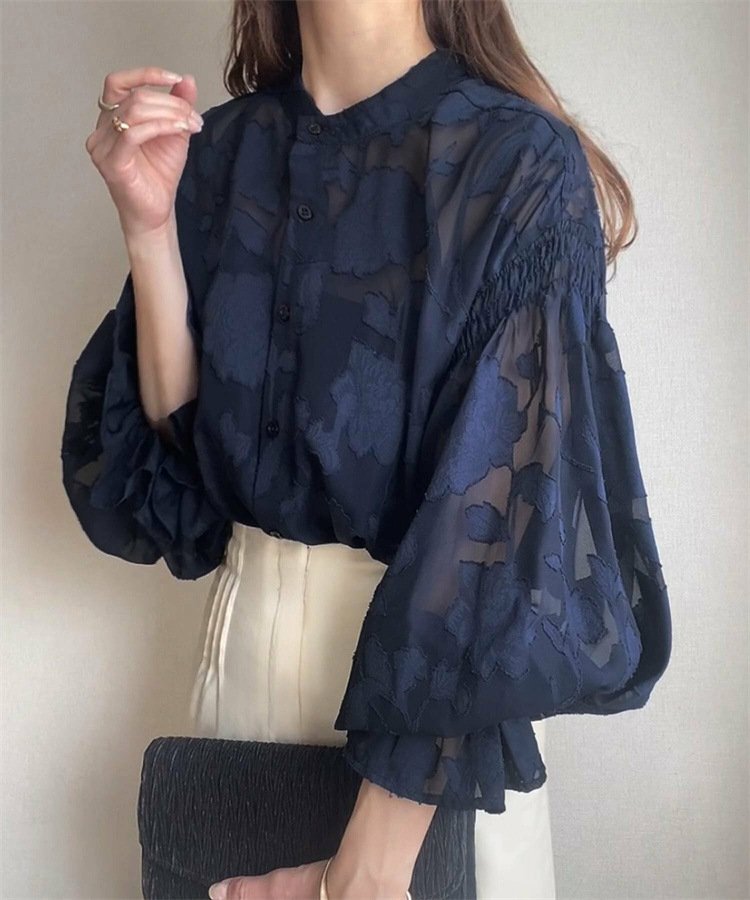 シャツ 長袖 ボーダー ストライプ ゆったり 春夏 きれいめ 通勤 韓国風 前開き 春 夏 透け感 都会的 ボタン 立ち襟 UVカット