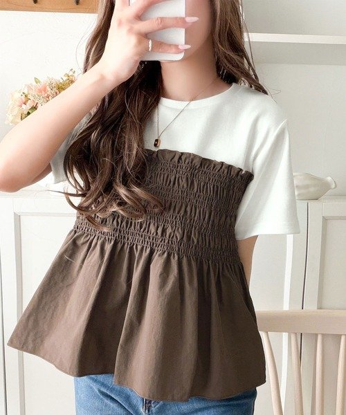 トップス Tシャツ ニット 半袖 春夏 きれいめ 通勤 春 ショート 夏 韓国ファッション シャツ 切り替えデザイン 都会的