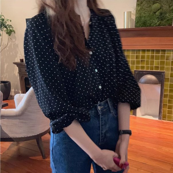 レディース シャツ トップス 長袖 ゆったり 春夏 カジュアル きれいめ レトロ 前開き 春 夏 膝丈 ラウンドネック 上品 水玉 切り替えデザイン ポリエステル
