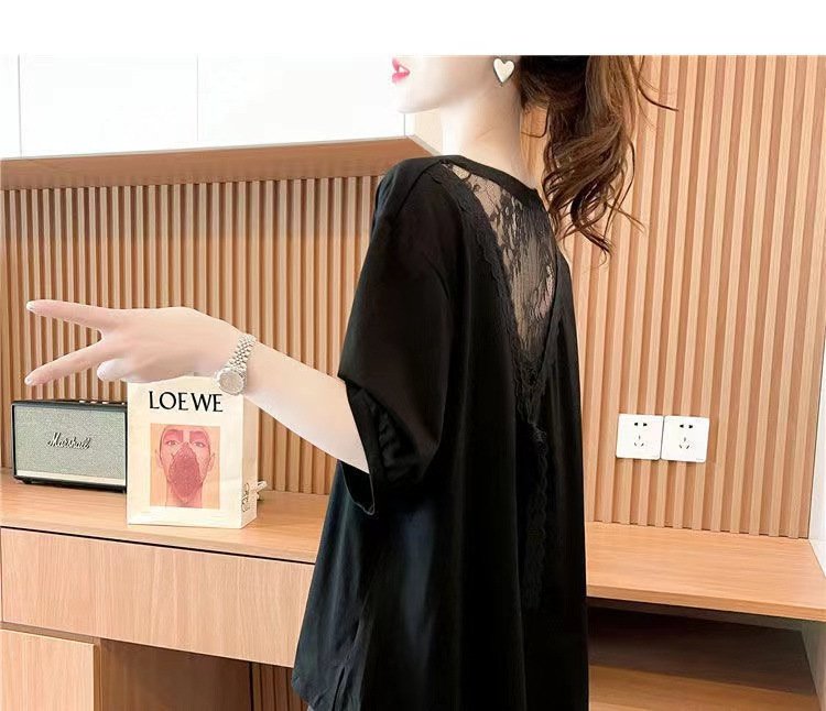 Tシャツ 半袖 ゆったり コットン 綿 春夏 カジュアル 春 夏 ラウンドネック レース ミモレ シャツ ステッチ シースルー