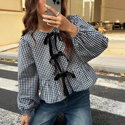 レディース トップス Tシャツ 長袖 ボーダー ストライプ チェック柄 ゆったり 春夏 カジュアル 体型カバー 春 ショート 夏 ラウンドネック シャツ エレガント 蝶 ポリエステル