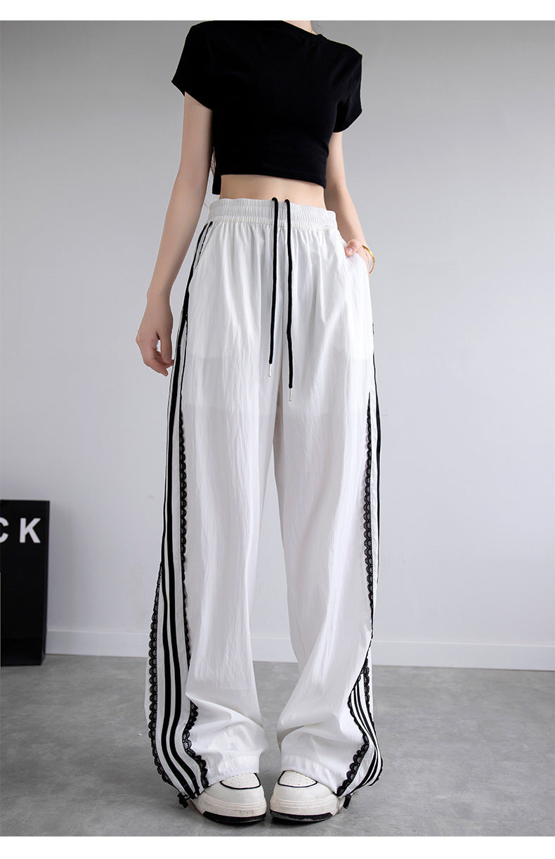 レディース パンツ ボトムス ストレートパンツ ロングパンツ ワイドパンツ ロング ストレート Iライン レース ウエストリボン ポケット ハイウエスト 切り替えデザイン 薄手 シンプル カジュアル おしゃれ こなれ感 メンズライク スポーティー 個性的 主役級 存在感 都会的 ナチュラル 春 夏 秋 ロングシーズン 部活 デート お出かけ 旅行 韓国 オルチャン 楽ちん 美脚 脚長 普段使い インスタ映え 定番 S M L XL ゆったり ゆる 白 ホワイト 黒 ブラック