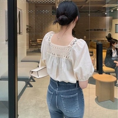 レディース シャツ トップス ゆったり コットン 綿 春夏 きれいめ 体型カバー 韓国風 前開き 春 夏 スクエアネック レース 上品 パフスリーブ 薄手 レギュラー レディースシャツ