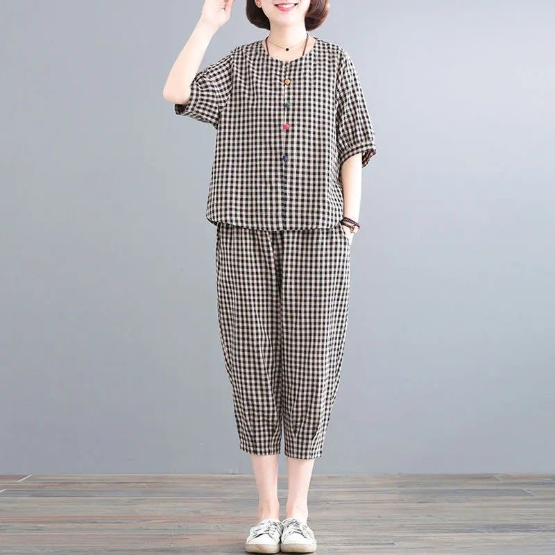 レディース パンツ チェック柄 コットン 綿 春夏 カジュアル レトロ 大きいサイズ ボトムス 春 夏 ブラック ミモレ パフスリーブ 9分丈 レッド スーツ ポリエステル