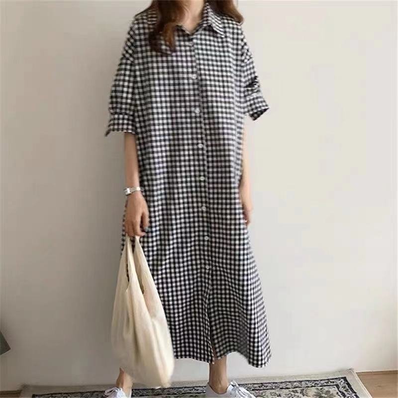 ワンピース 半袖 チェック柄 春夏 春 夏 膝下 ロング コットン アクリル