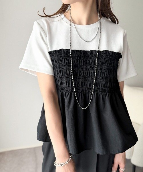 トップス Tシャツ ニット 半袖 春夏 きれいめ 通勤 春 ショート 夏 韓国ファッション シャツ 切り替えデザイン 都会的