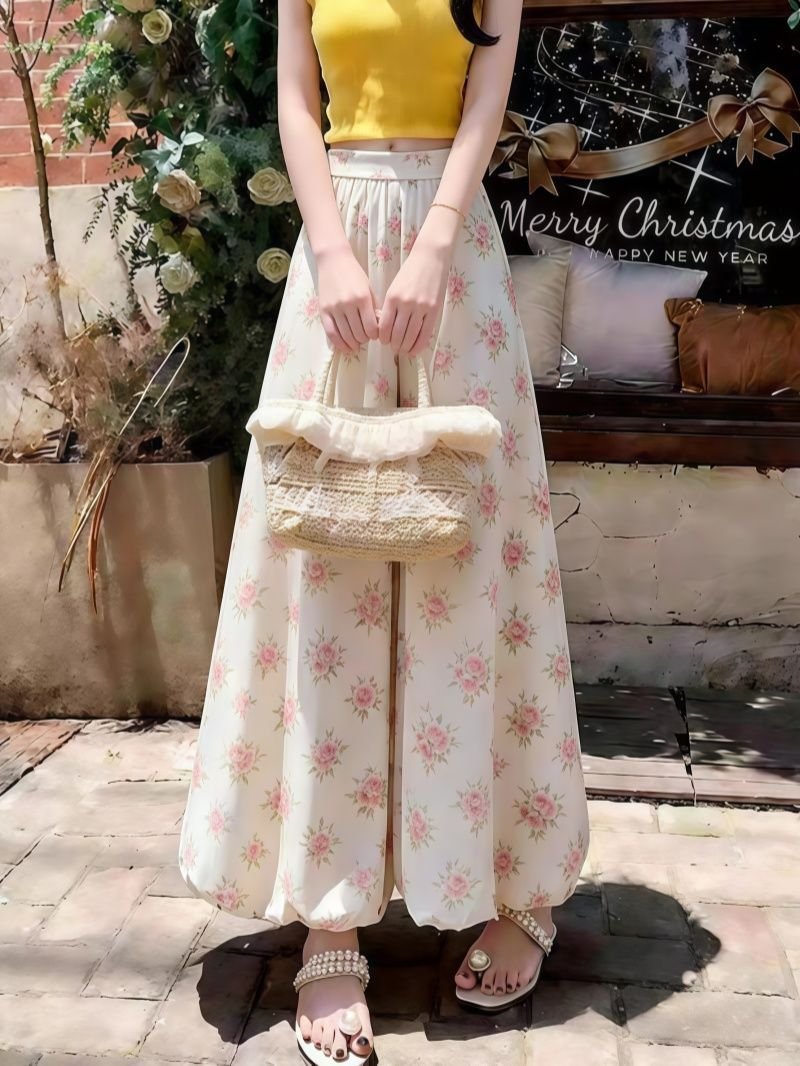 レディース パンツ 花柄 プリント ゆったり ワイド 春夏 カジュアル 春 夏 フラワー ロング ワイドパンツ ドレープ バルーン ハイウエスト ベーシック ポリエステル UVカット