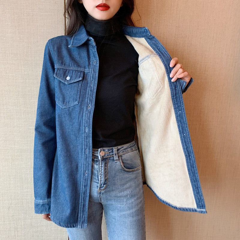レディース シャツ ジャケット 長袖 無地 ゆったり コットン 綿 デニム 秋冬 秋 きれいめ 通勤 オフィス 体型カバー 大きいサイズ 前開き 膝丈 シンプル 冬 防寒 厚手 裏起毛 襟付き アウター インナー ボタン ポリエステル