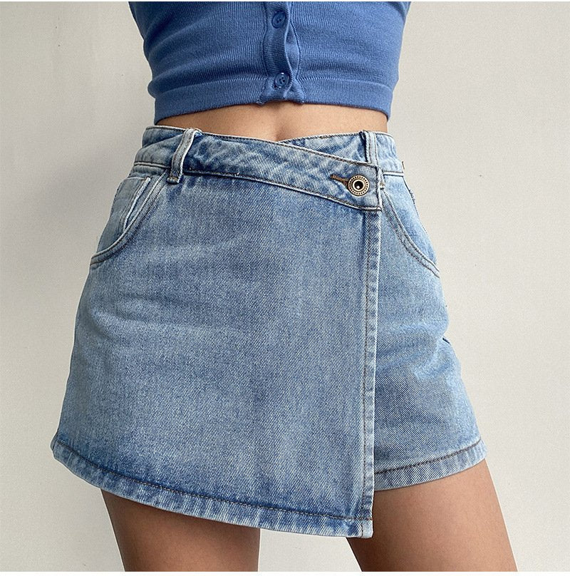 レディース パンツ スカート コットン 綿 デニム 春夏 春 ショート 夏 ショートパンツ Aライン ハイウエスト タイ ポリエステル 細見え
