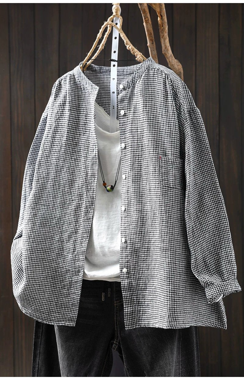 シャツ 長袖 チェック柄 ゆったり コットン 綿 リネン 春夏 レトロ 前開き 春 夏 スタンドカラー 立ち襟