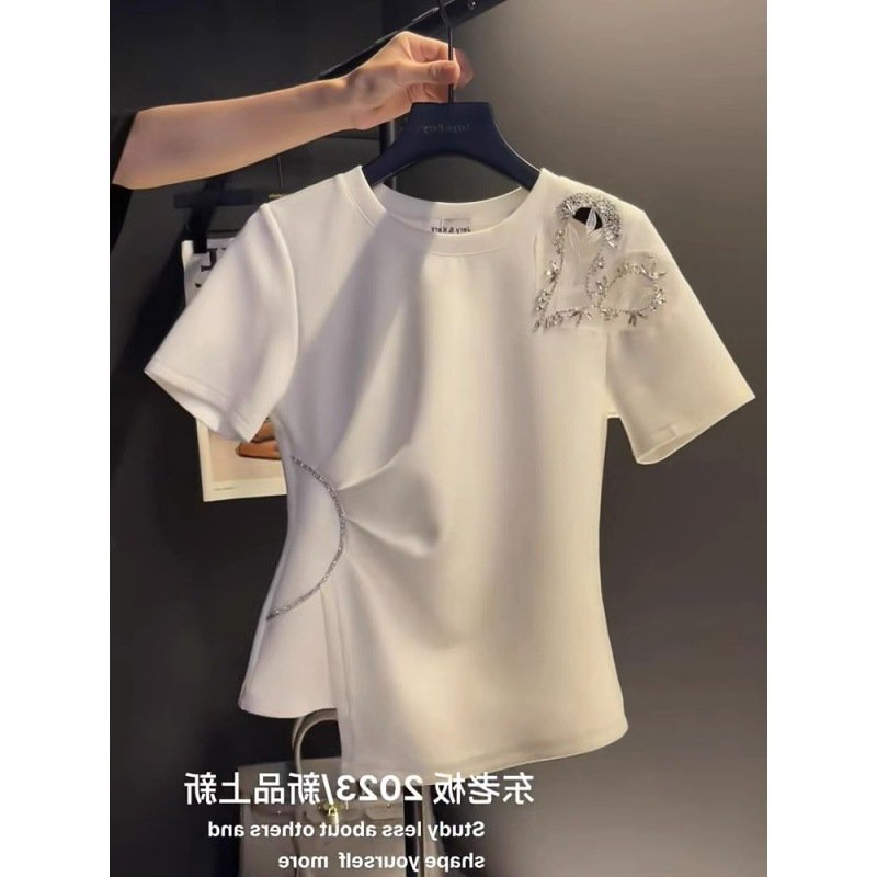 レディース Tシャツ 半袖 無地 スリム 夏 きれいめ 通勤 春夏 膝丈 ラウンドネック シンプル シャツ 切り替えデザイン ポリエステル 夏服