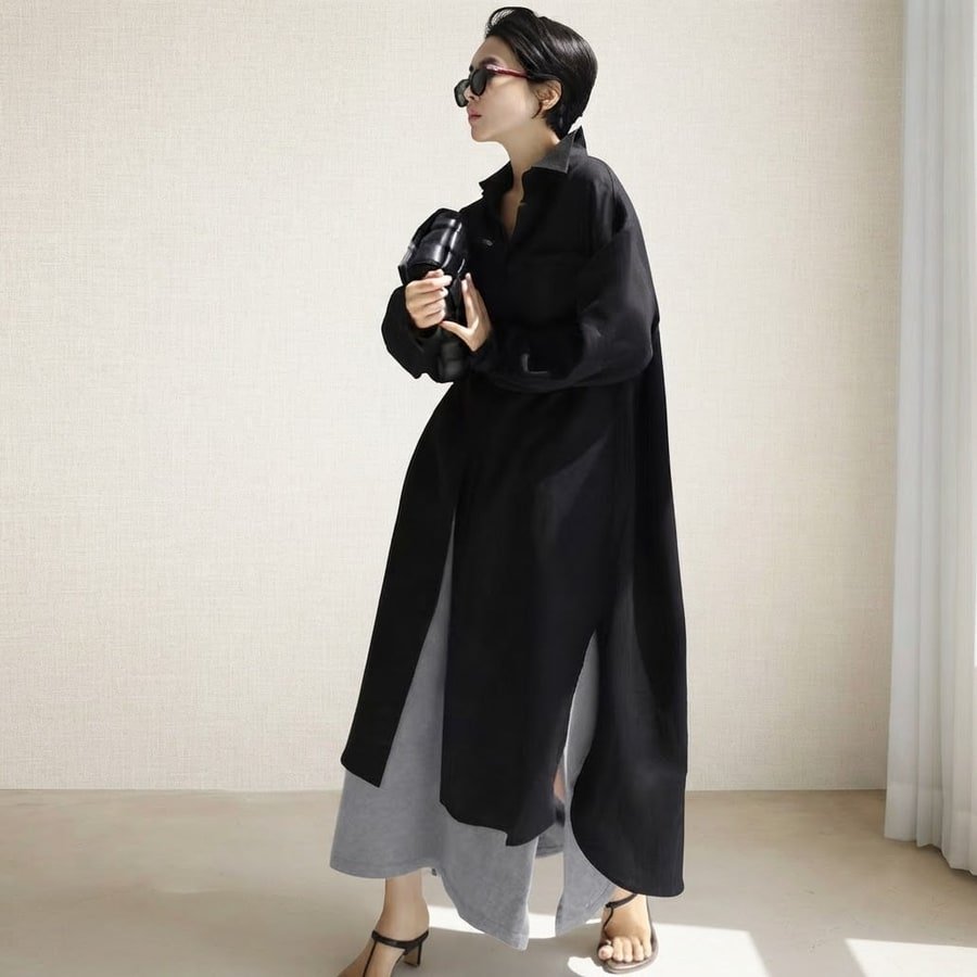 ドレス 長袖 無地 春夏 カジュアル きれいめ 春 夏 膝上 シンプル 秋 ミモレ ロング 上品 スリット ハイウエスト シック
