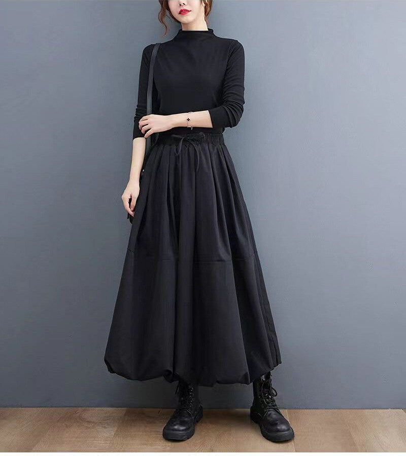 レディース スカート ボトムス ミモレ ロング Aライン 切り替え バルーン フェミニン ふっくら ポケット タック ハイウエスト ウエストゴム ドロスト かわいい 大人可愛い きれいめ シンプル カジュアル 上品 おしゃれ こなれ感 ラフ クール モード系 抜け感 ベーシック 無地 春 夏 秋 ママ 通勤 学生 学校 通学 お出かけ お泊まり 女子会 休日 高原 ガーデン ショッピング カフェ ライブ 体型カバー 普段使い 着回し 定番 XL 2XL 3XL 4XL 大きいサイズ ゆったり 黒 ブラック