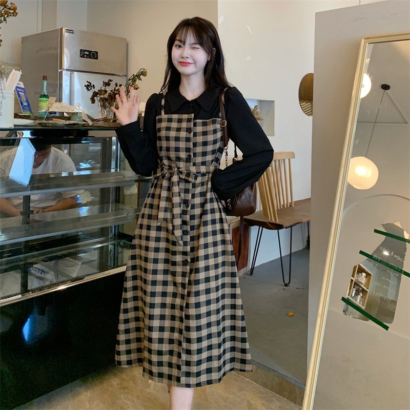ワンピース 長袖 チェック柄 春 秋 レトロ 春夏 ぽっちゃり 襟付き