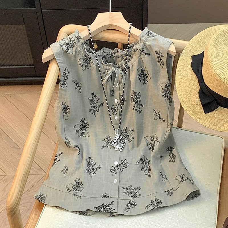 レディース ブラウス シャツ ノースリーブ ゆったり コットン 綿 麻 春夏 きれいめ 通勤 オフィス 体型カバー 前開き 袖なし 春 夏 ラウンドネック リボン