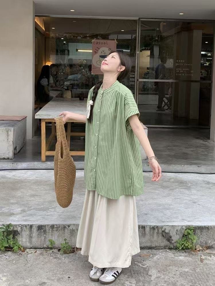 レディース シャツ トップス パンツ ボーダー ストライプ 無地 ゆったり 春夏 カジュアル きれいめ レトロ 前開き ミニ 春 夏 シンプル 上品 ロング 切り替えデザイン スーツ フェミニン タイ アプリコット セットアップ グリーン ポリエステル