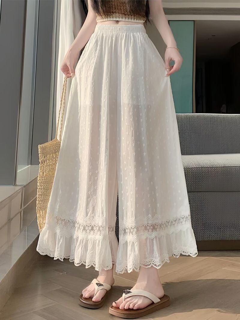 レディース パンツ ワイド スリム 春夏 カジュアル 春 白 夏 レース 刺繍 ストレート ワイドパンツ 薄手 切り替えデザイン ハイウエスト ポリエステル
