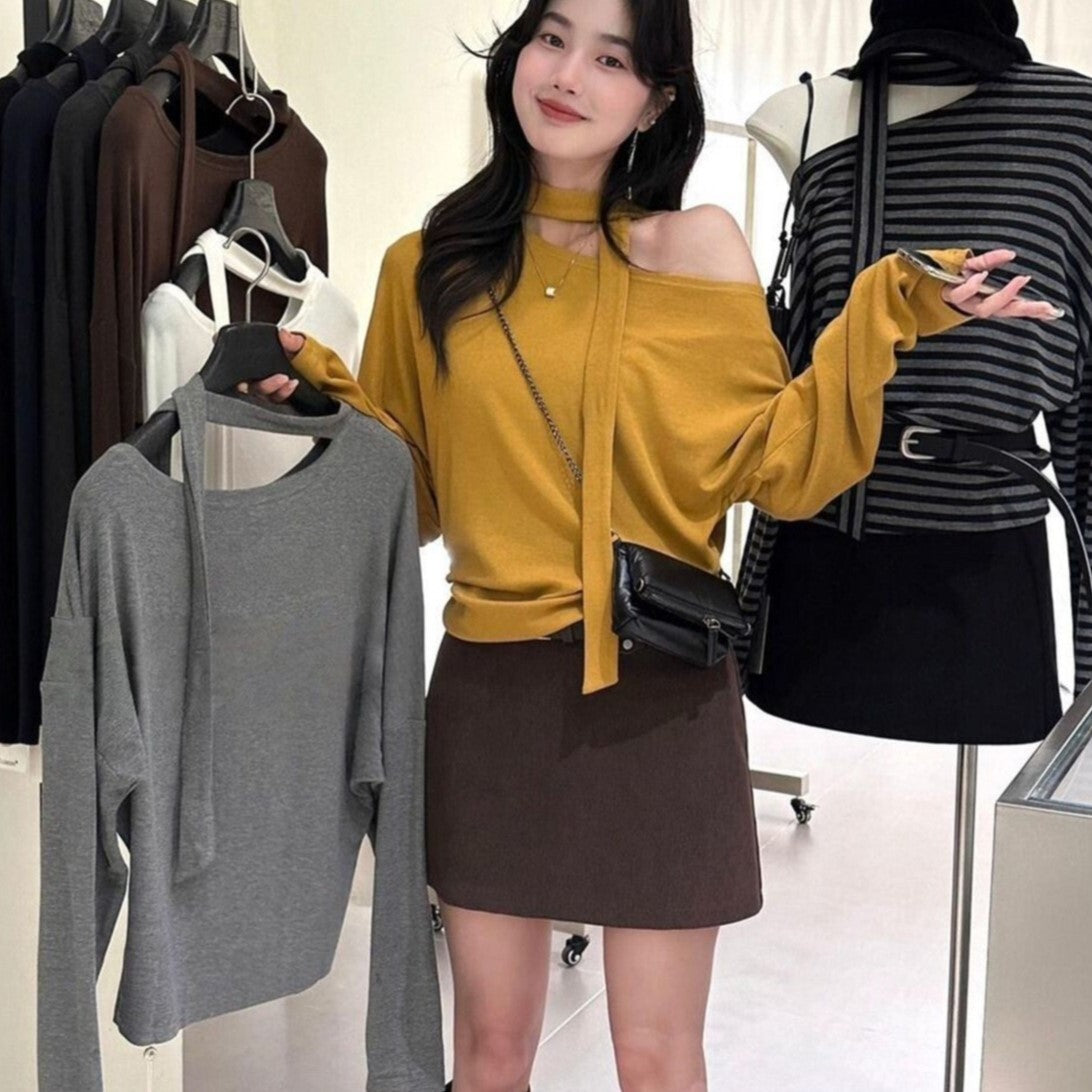 レディース トップス カットソー ショート 長袖 ワンショルダー ストレート 薄手 かわいい 大人可愛い きれいめ シンプル カジュアル おしゃれ かっこいい エキゾチック こなれ感 個性的 主役級 存在感 抜け感 都会的 無地 ボーダー 春 秋 ロングシーズン ママ デート お出かけ イベント 女子会 重ね着 韓国 オルチャン 体型カバー 美脚 脚長 普段使い 着回し インスタ映え お食事会 M L XL 2XL 3XL 4XL 大きいサイズ 黒 黄色 赤 青