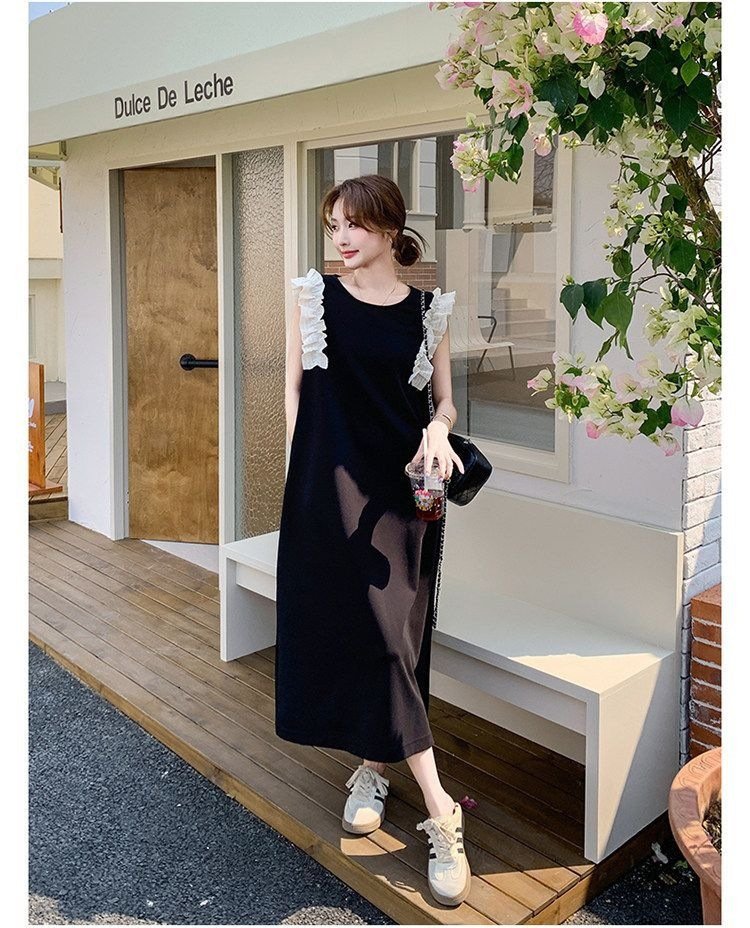 ワンピース ノースリーブ 無地 スリム 春夏 きれいめ 通勤 袖なし 春 レース 夏 ラウンドネック シンプル ロング タイト フリル 大きい 切り替えデザイン 細身 Aライン