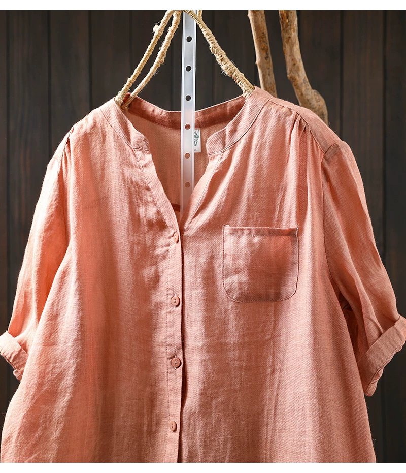 レディース シャツ トップス 半袖 ゆったり リネン 春夏 カジュアル レトロ 前開き Vネック 春 夏 薄手