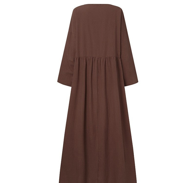レディース ワンピース 膝下 ロング マキシ 長袖 ドロップショルダー ラウンドネック ワイド Aライン オーバーサイズ  裾ワイド 切替え ギャザー かわいい 大人可愛い シンプル カジュアル おしゃれ こなれ感 ラフ キュート ナチュラル 無地 春 秋 ママ 通勤 学生 学校 通学 デート お出かけ リゾート 旅行 女子会 休日 ホテル ショッピング お花見 カフェ 普段使い 着回し S M L XL 2XL 3XL 4XL 大きいサイズ ゆったり ゆる 黒 茶色 オフホワイト ベーシックカラー