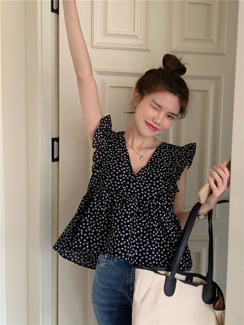 レディース シャツ トップス ノースリーブ 花柄 ゆったり スリム 春夏 前開き 袖なし Vネック プリーツ 春 夏 膝丈 シンプル ポリエステル