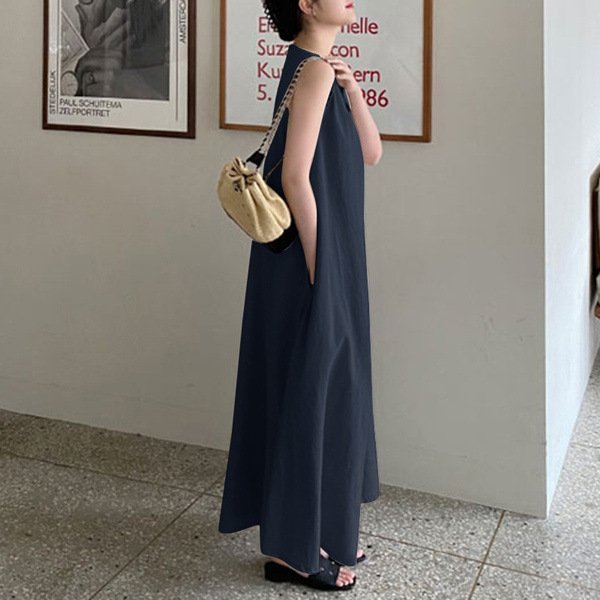 ワンピース ノースリーブ 無地 春夏 袖なし 春 夏 ラウンドネック シンプル ロング 上品 フレア 切り替えデザイン