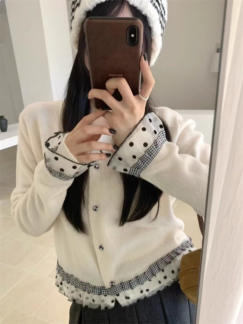 トップス ニット カーディガン 長袖 秋冬 秋 カジュアル ミニ ショート 膝丈 ラウンドネック レース 冬 切り替えデザイン セーター フェミニン ボタン