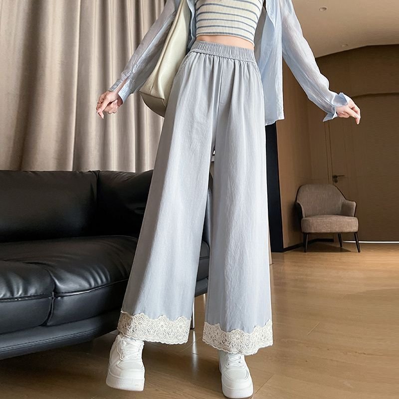 レディース パンツ ゆったり ワイド 春夏 カジュアル 春 夏 レース ストレートパンツ ストレート おしゃれ ハイウエスト ポリエステル 着痩せ